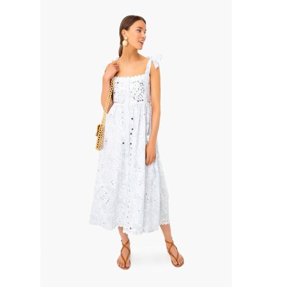 Juliet Dunn Dresses & Skirts - Juliet Dunn Cotton Tie Shoulder Midi Dress White/Denim Blue sz 2/M/6-8 $443 NWT